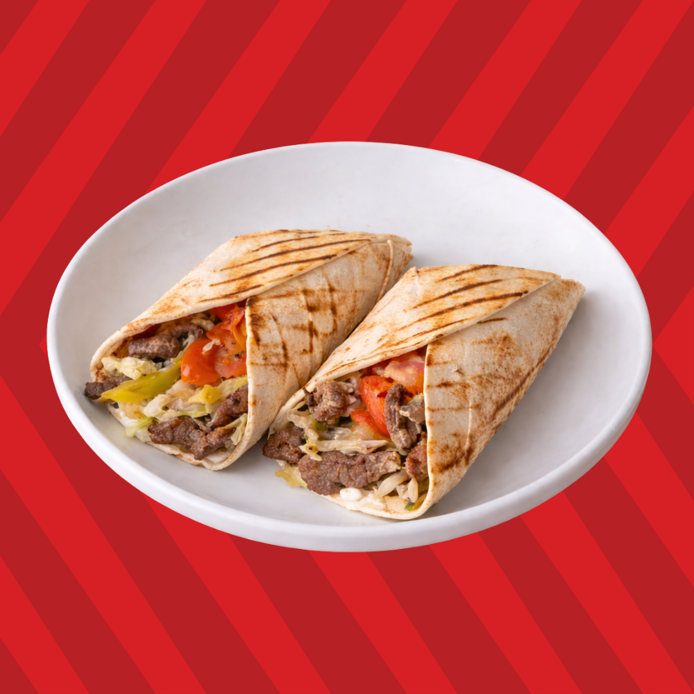 Beef shawarma wrap with seasoned beef and fresh fillings